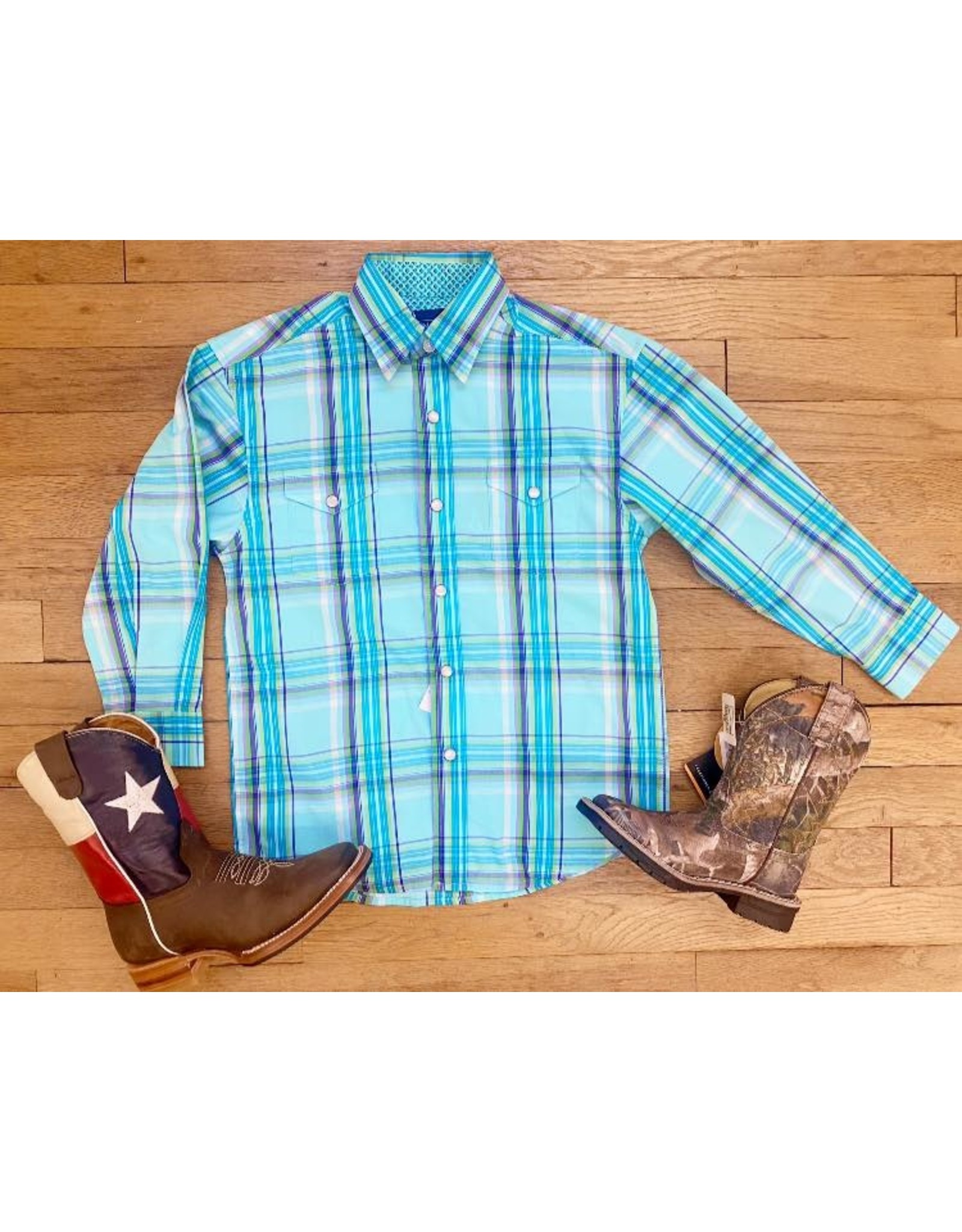 Panhandle Panhandle Youth Turquoise Plaid Stretch Snap Shirt