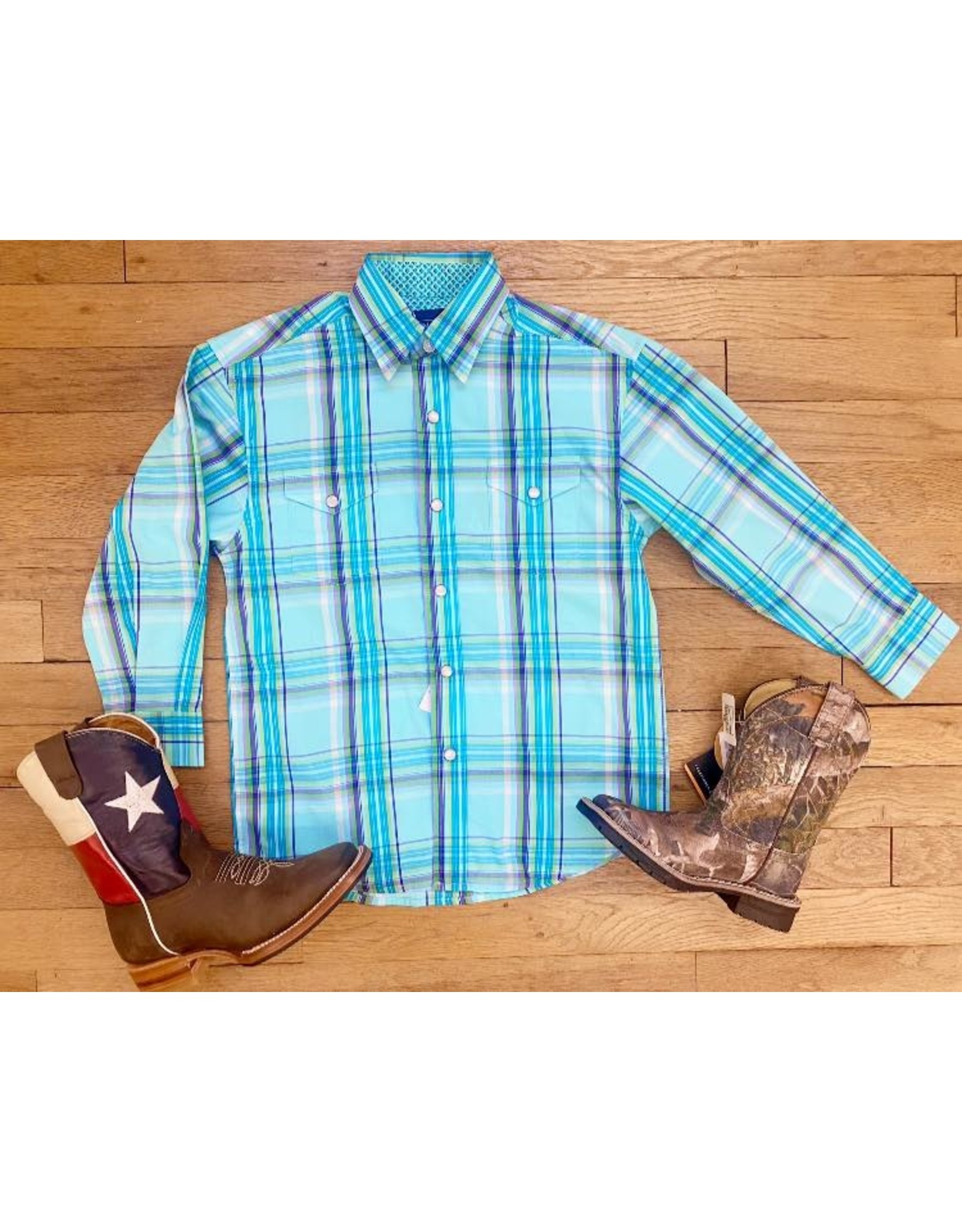 Panhandle Youth Turquoise Plaid Stretch Snap Shirt