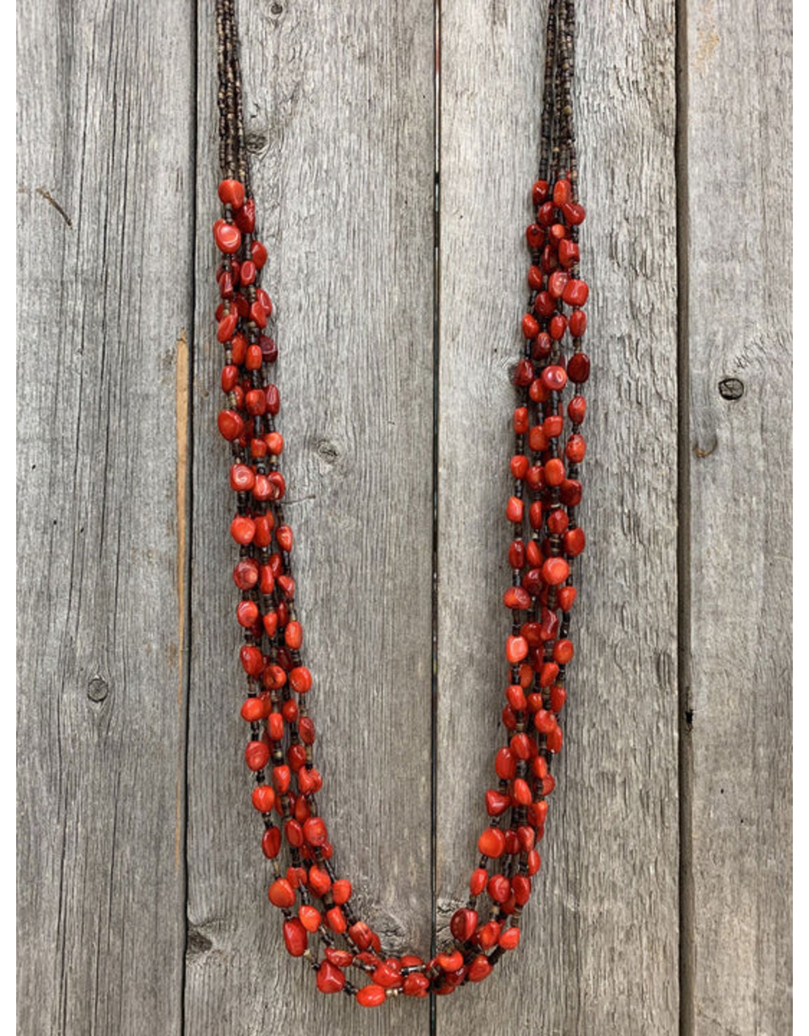 J.Forks 5 Strand Red Coral And Brown Pin Shell