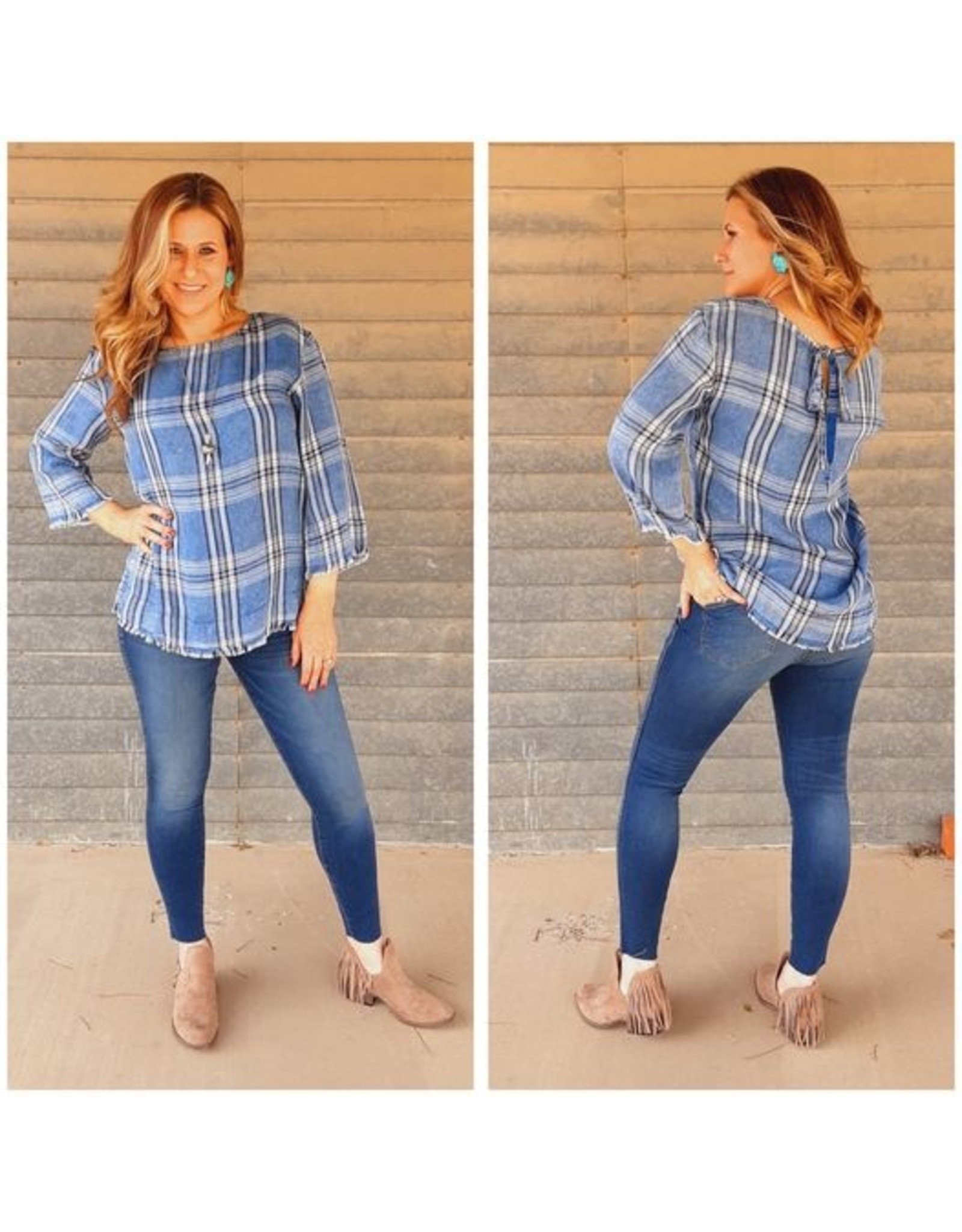 Tribal Tribal Plaid Chambray Blouse with Back Bow