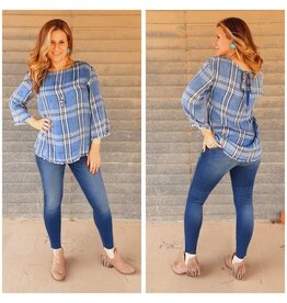 Tribal Tribal Plaid Chambray Blouse with Back Bow