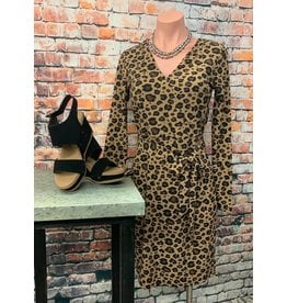 Leopard Print Long Sleeve Dress with Waist Tie