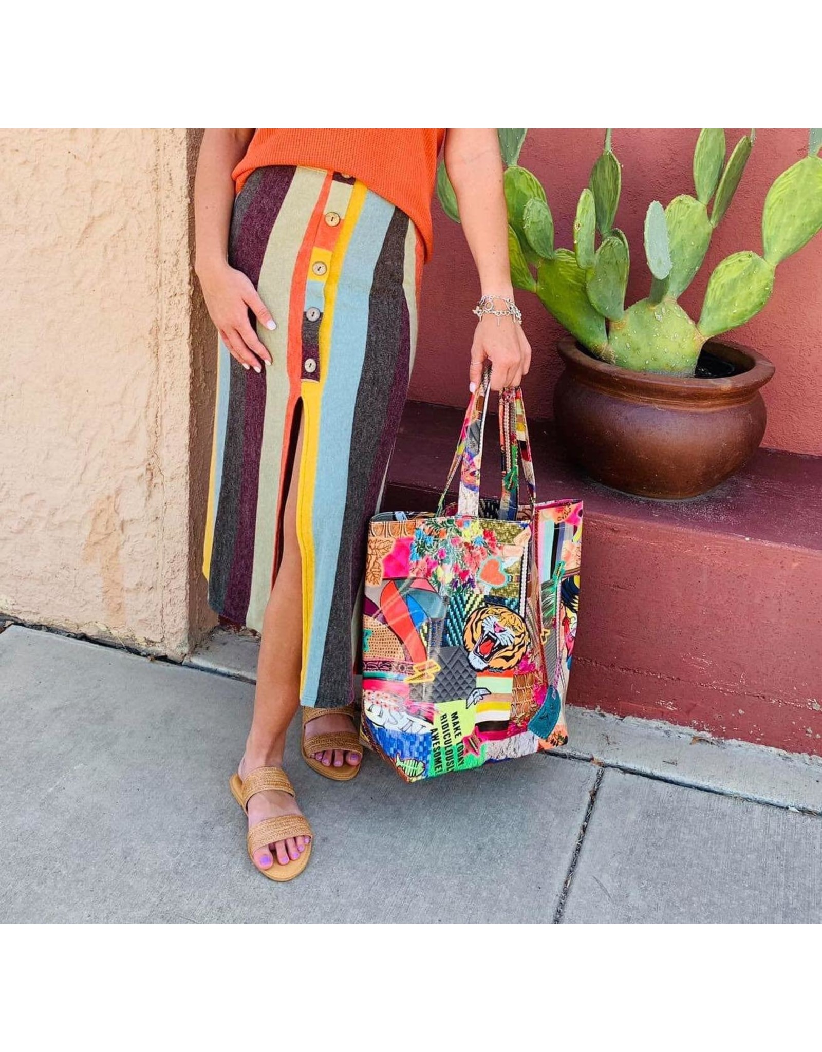 Long Multi Stripe Button Detail Skirt