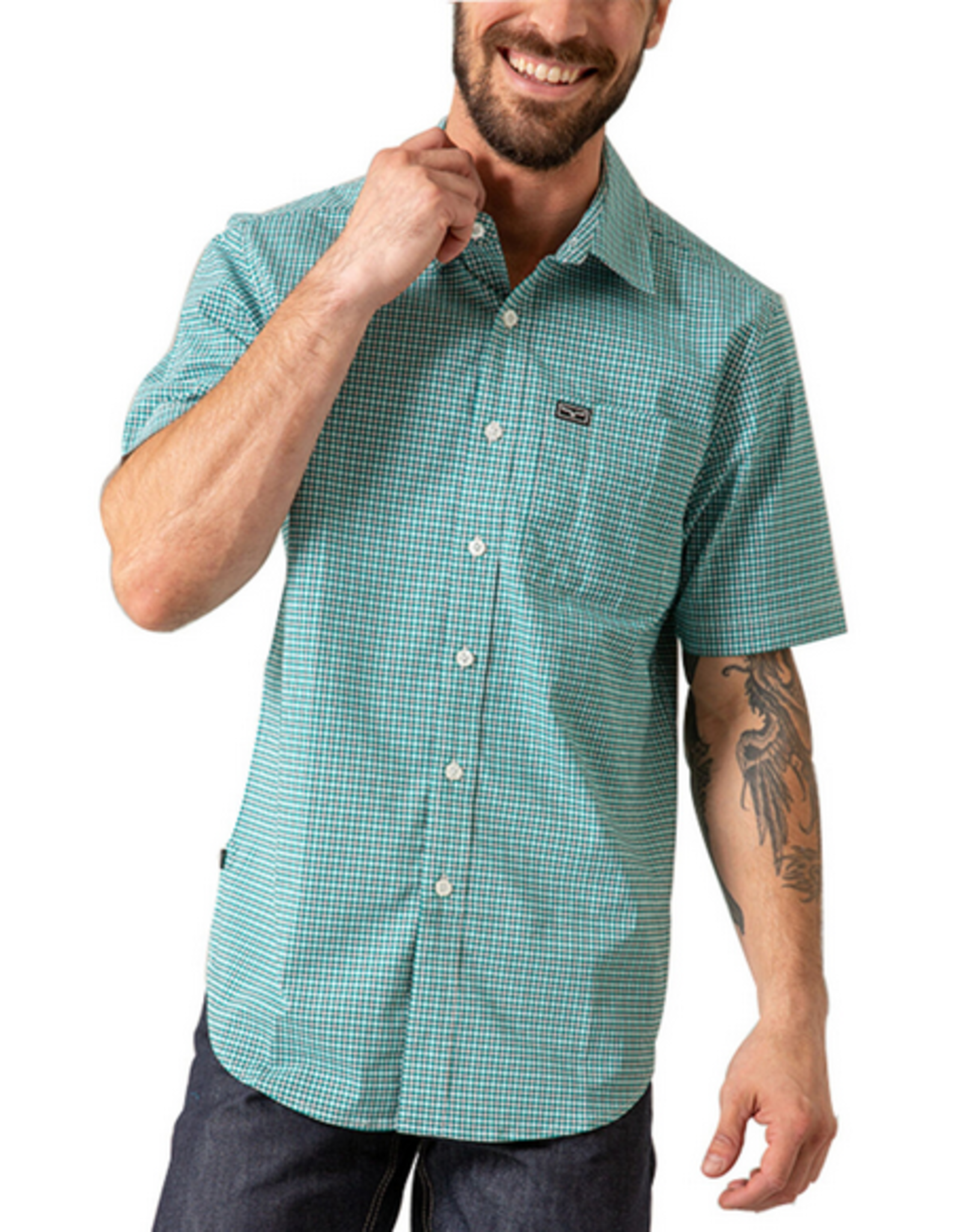 Kimes Ranch Kimes Ranch Chute Short Sleeve Mini Check Dress Shirt Teal