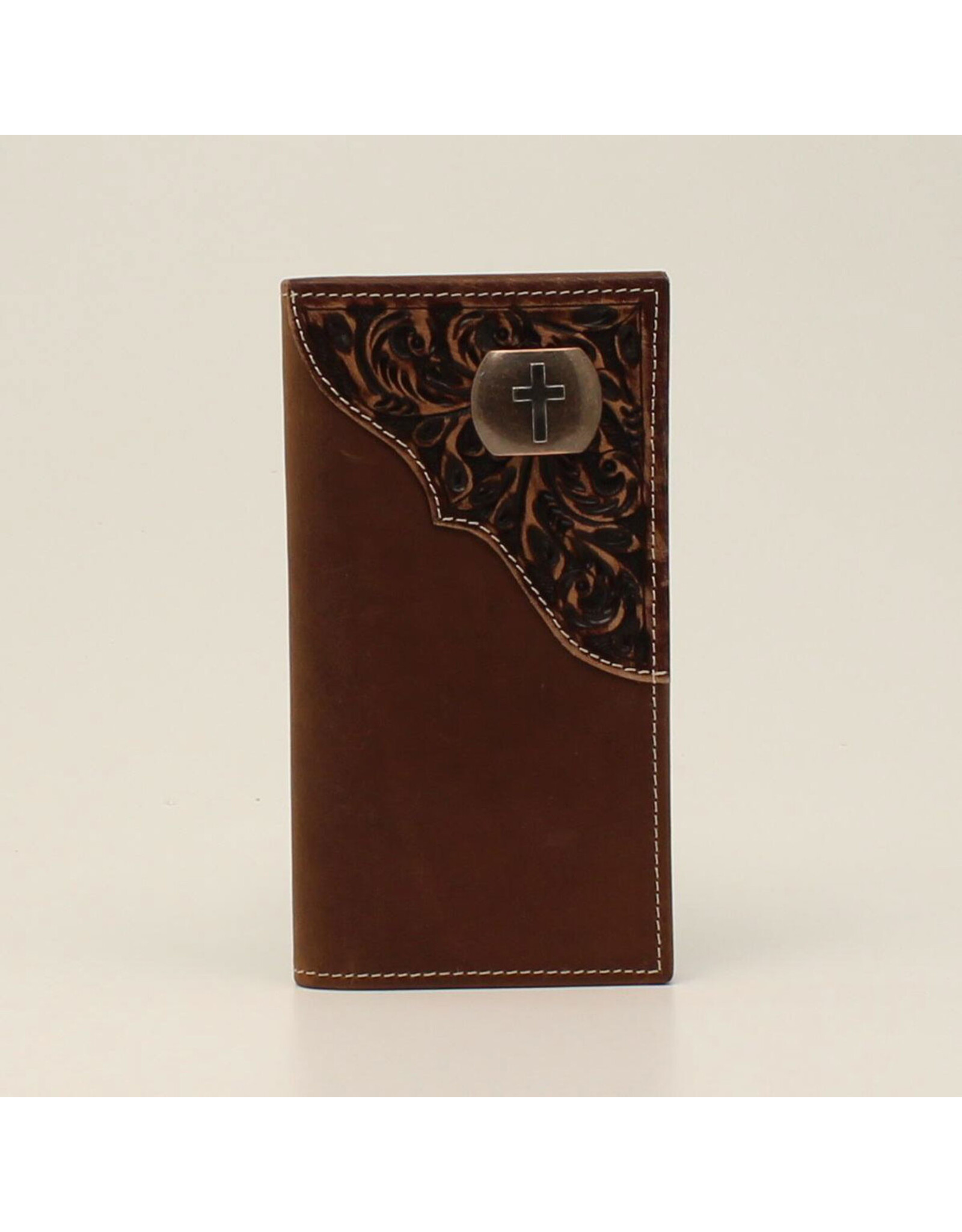 Debossed Rodeo Floral Tooled Cross Conch Brown Wallet