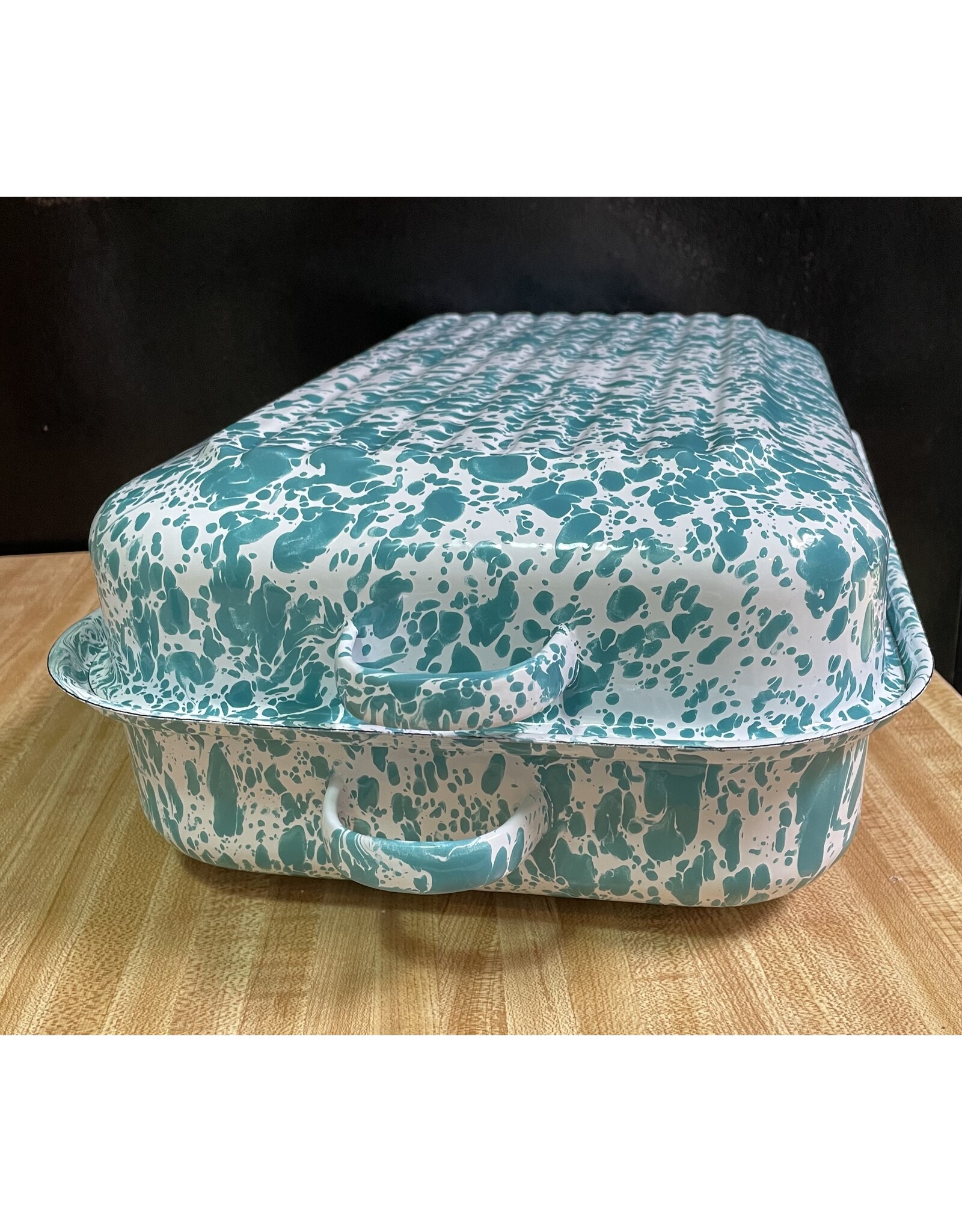 Enamelware Large Covered Rectangle Roaster Splatterware Turquoise