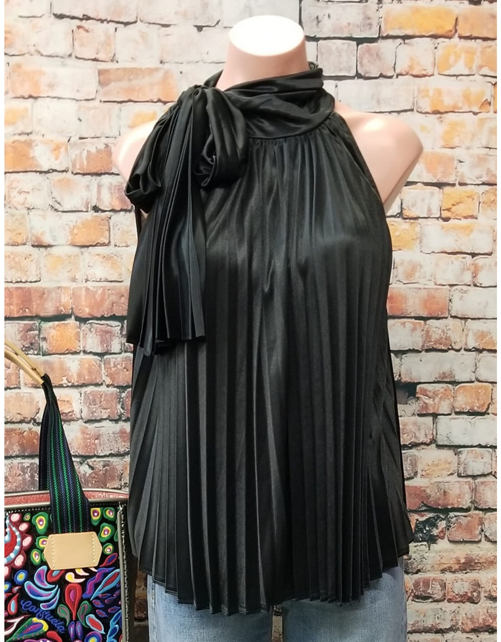 San Diego Pleated Black Tie Blouse