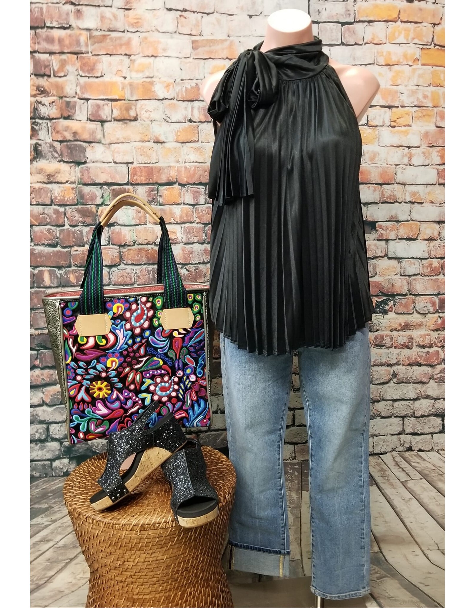 San Diego Pleated Black Tie Blouse