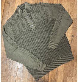 Cable & Shaker 1/4 Button Mock Neck Sweater Olive