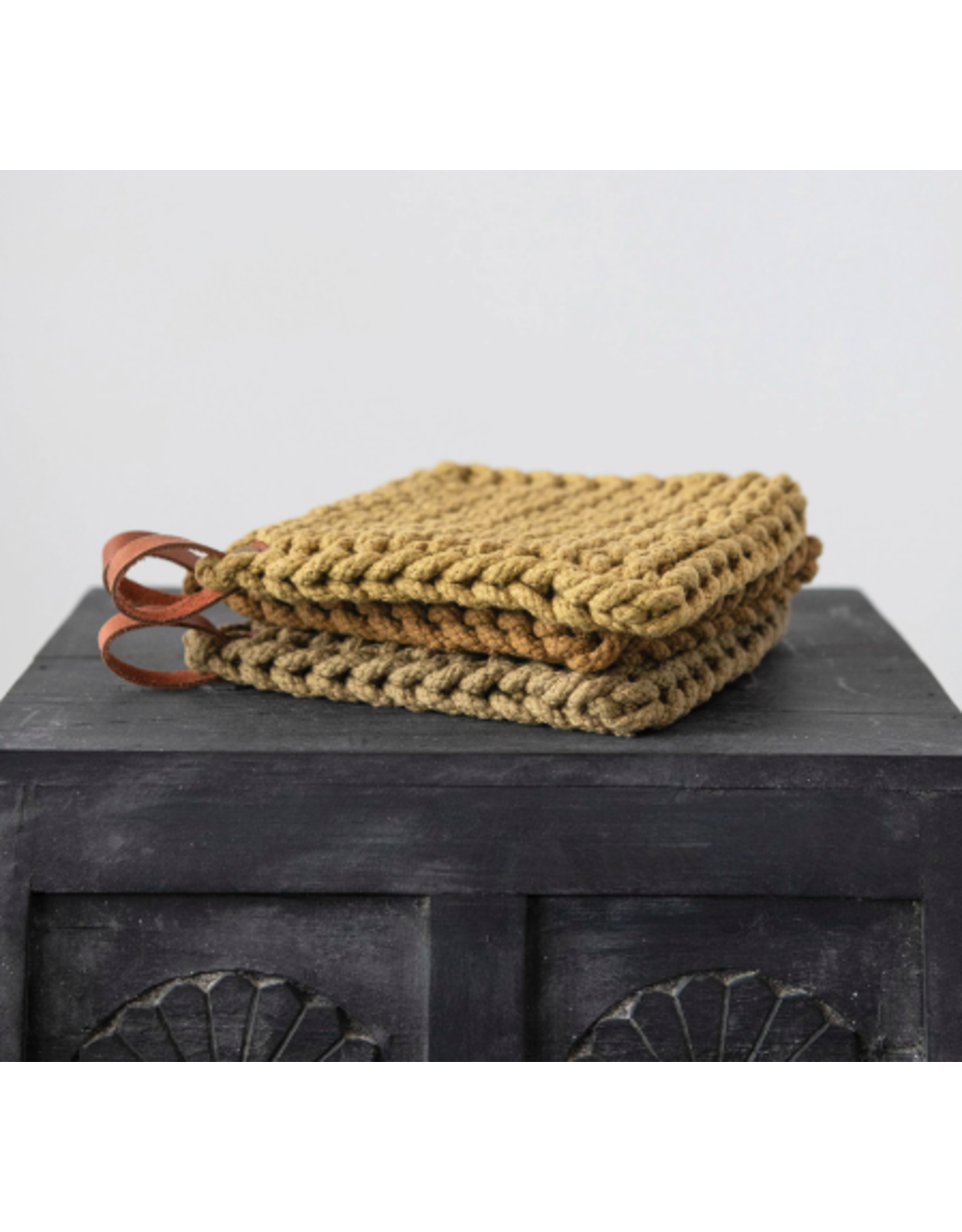 Crocheted Pot Holder with Leather Loop