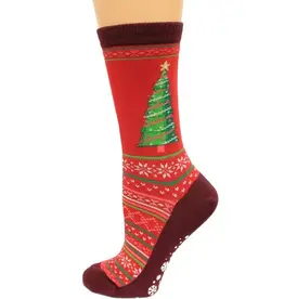 Hotsox Womens Christmas Tree Non Skid Socks Red