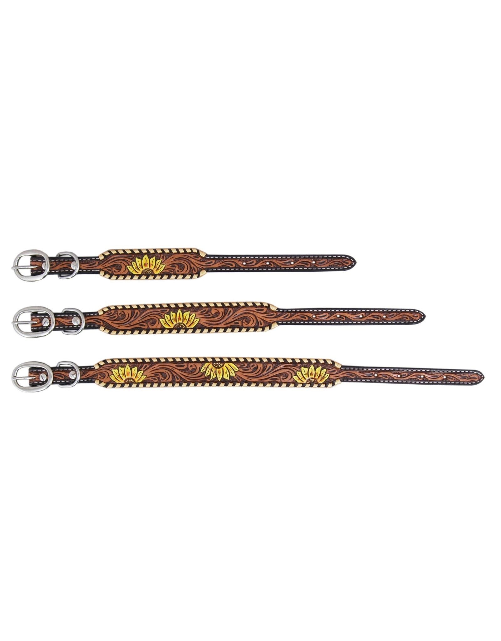 DC-Dog Collar with Sunflower Tooling in TT Finish, Painted Sunflower & Metallic Whipstitch 15"-17" Medium
