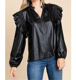 Antonella Faux Leather Ruffle Sleeve Top