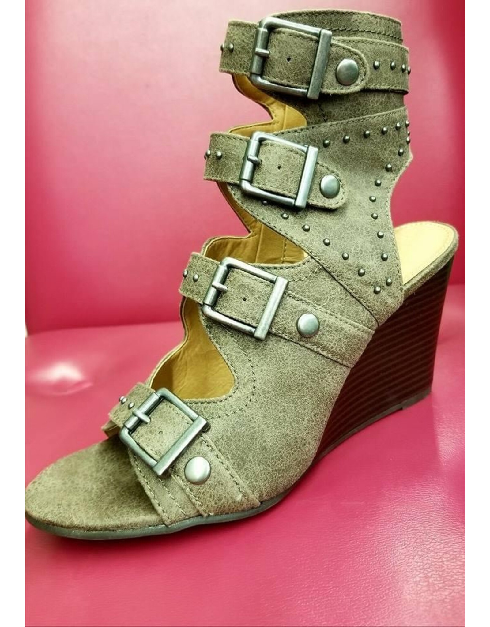 Leather Like Grey Studded Wedges