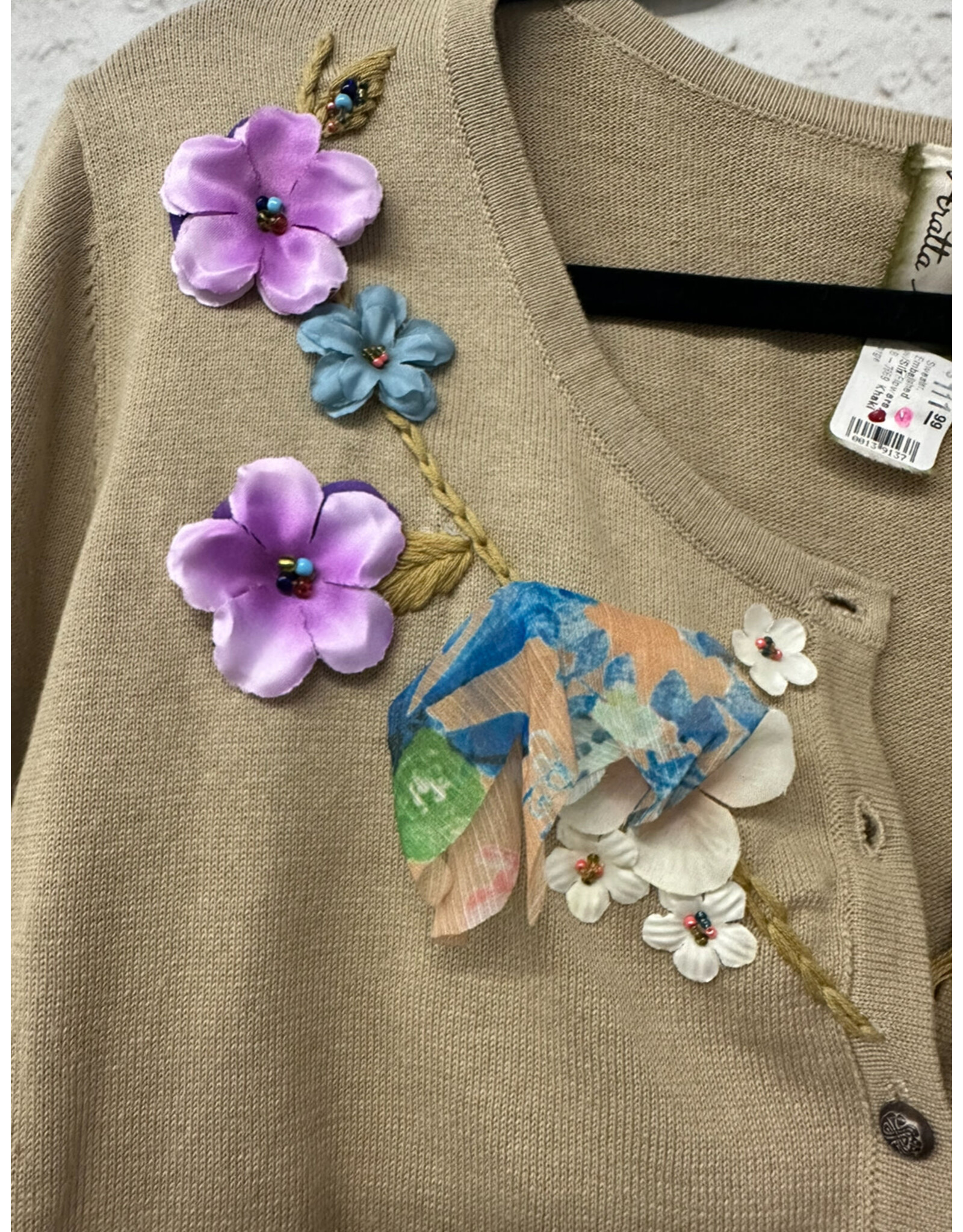 Embelished Sweater with Silk Flowers