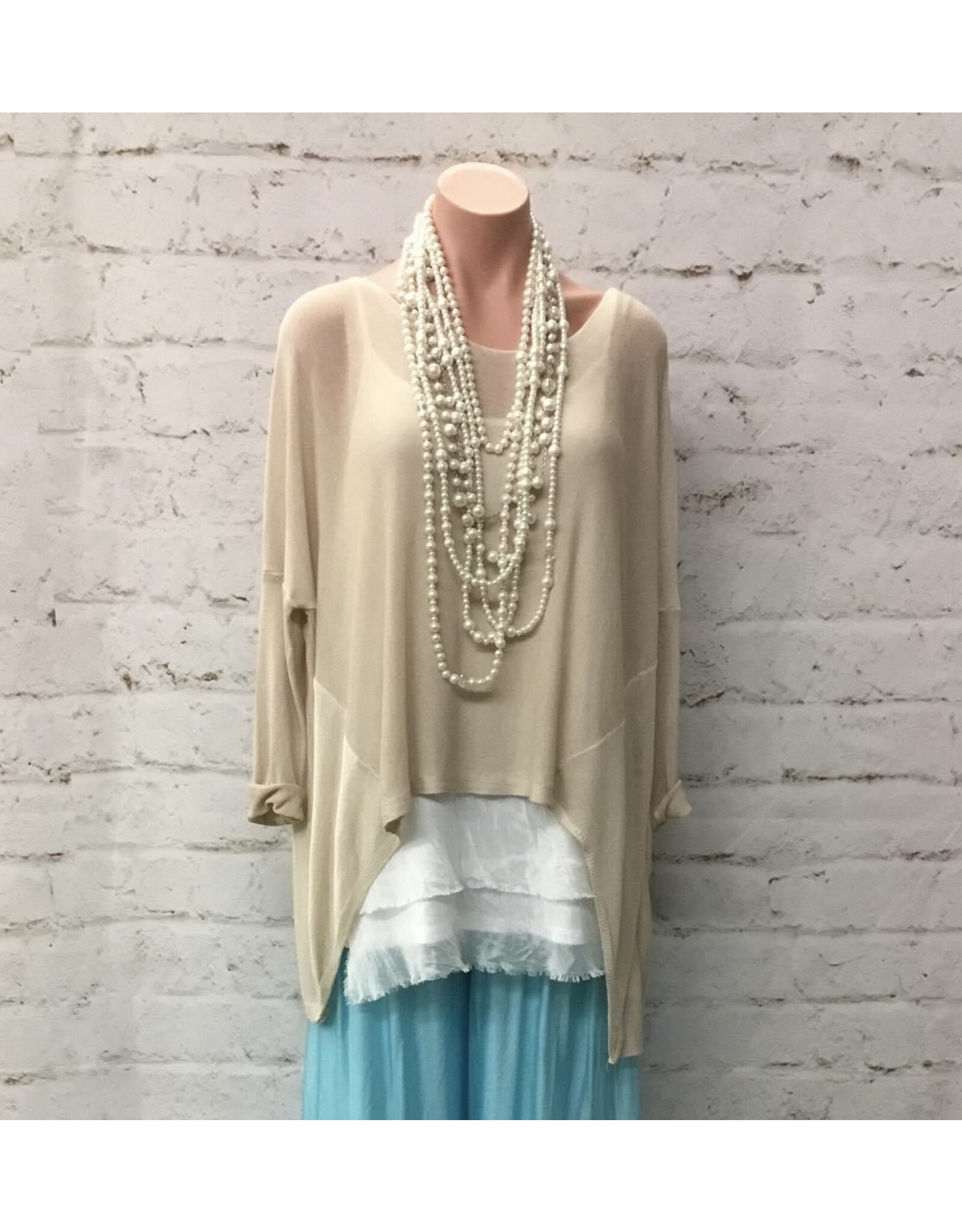 Tan Shear Knit High-Low Top with 3/4 Sleeve