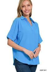 Aleece Woven Airflow Collared V-Neck Short Sleeve Top