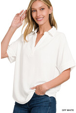 Aleece Woven Airflow Collared V-Neck Short Sleeve Top