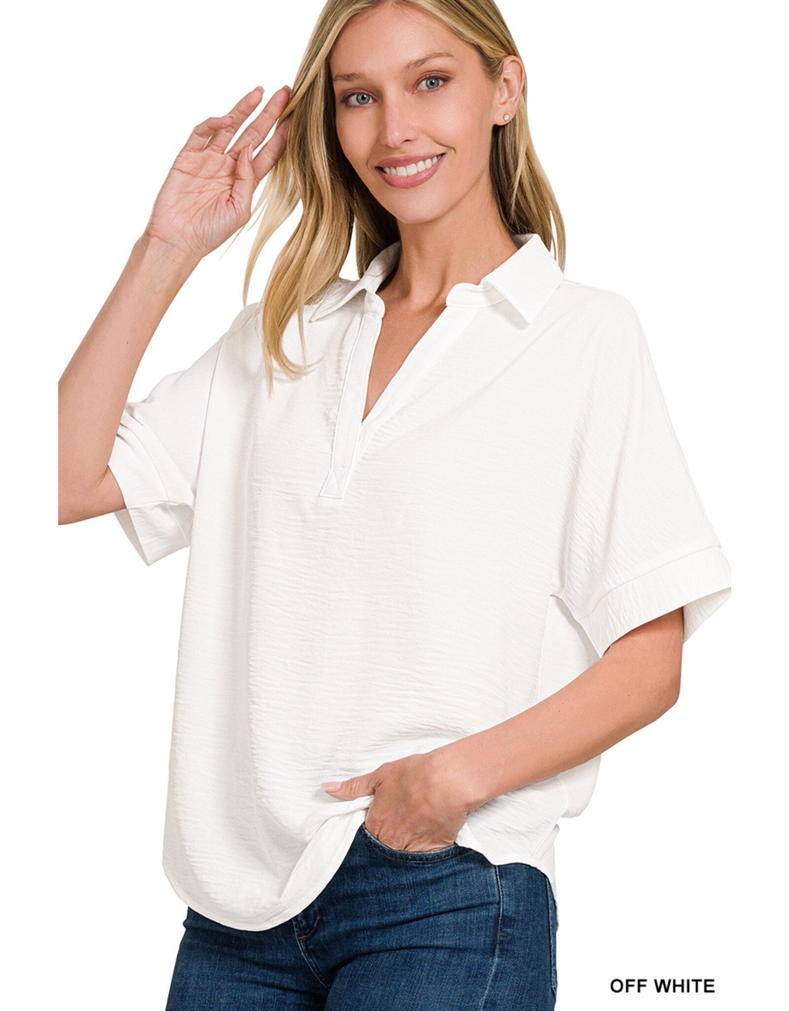 Aleece Woven Airflow Collared V-Neck Short Sleeve Top