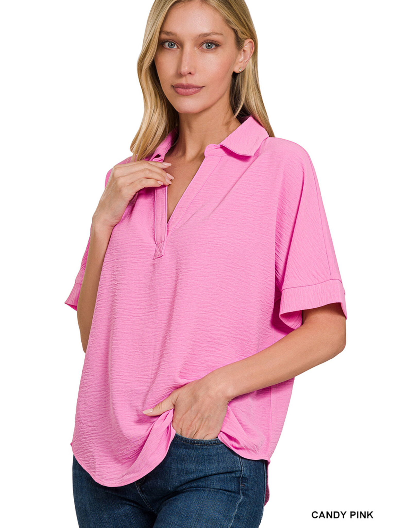 Aleece Woven Airflow Collared V-Neck Short Sleeve Top