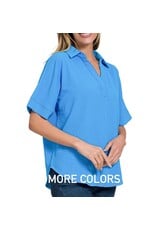 Aleece Woven Airflow Collared V-Neck Short Sleeve Top