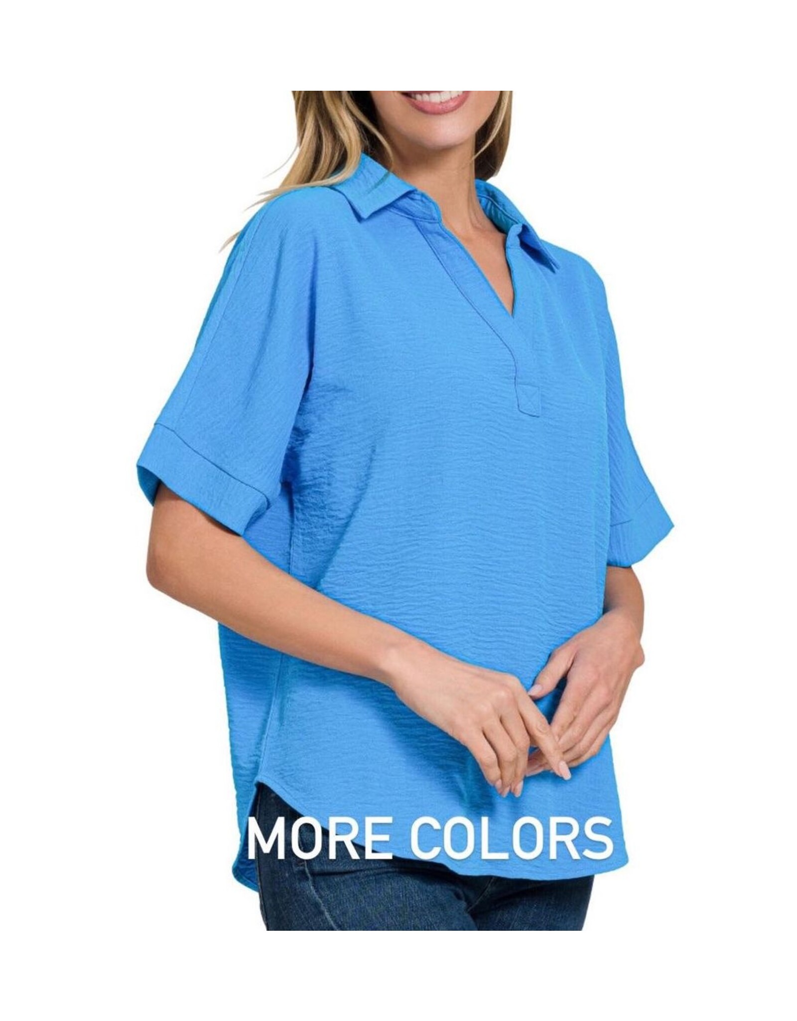 Aleece Woven Airflow Collared V-Neck Short Sleeve Top