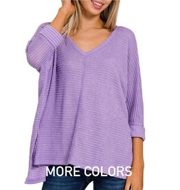 Ava 3/4 Sleeve V-Neck Hi-Low Hem Jacquard Sweater