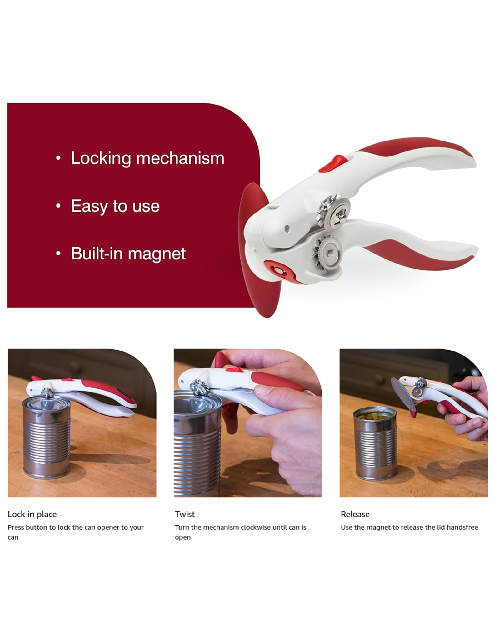 Zyliss Lock N' Lift Manual Can Opener With Lid Lifter Magnet Red