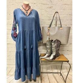 Lydia Denim Maxi Dress With Embroidery