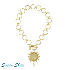 Susan Shaw Gold Cross Coin Freshwater Pearl Toggle Necklace