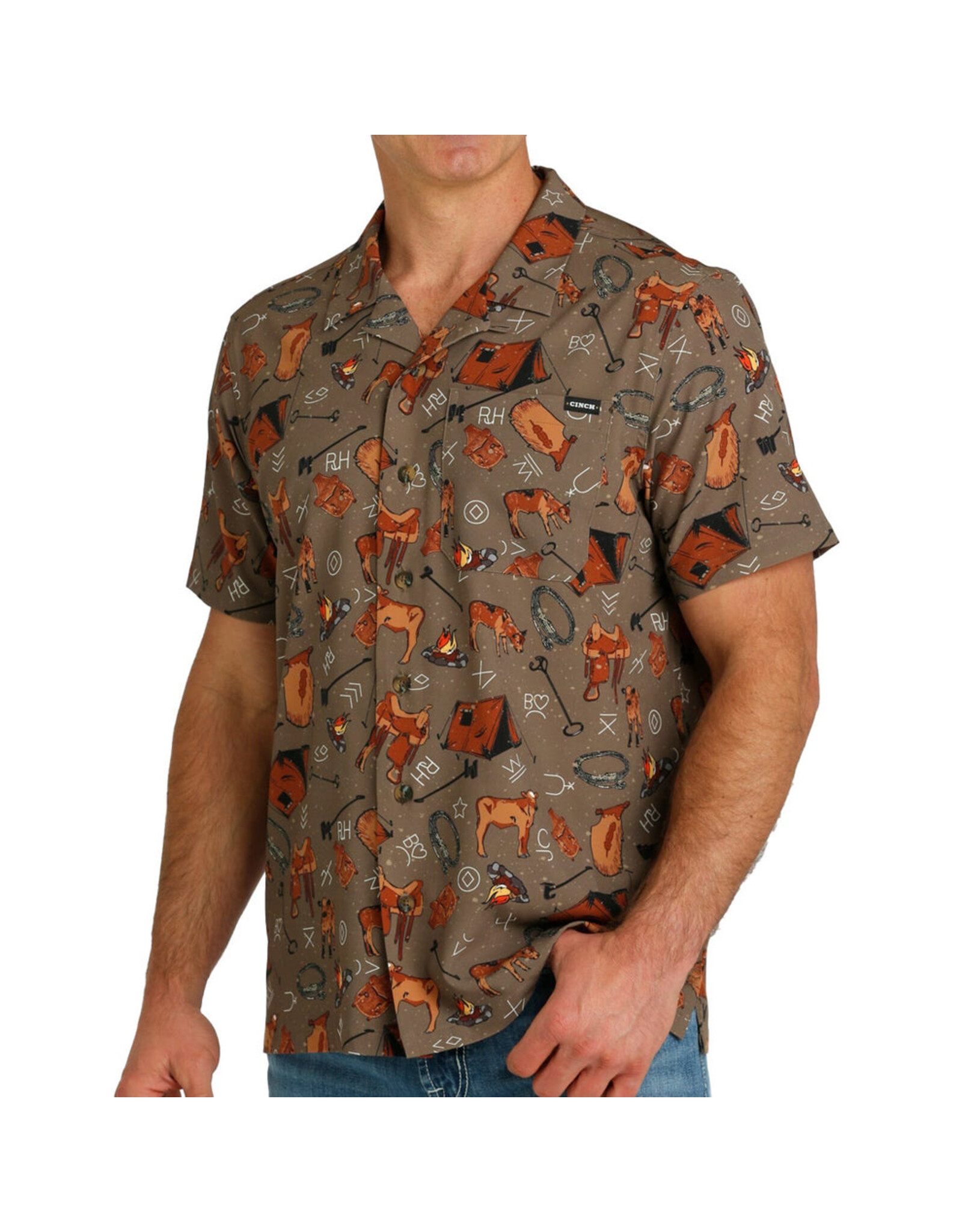 Cinch Cinch Western Brands & Calf Print Short Sleeve Camp Shirt