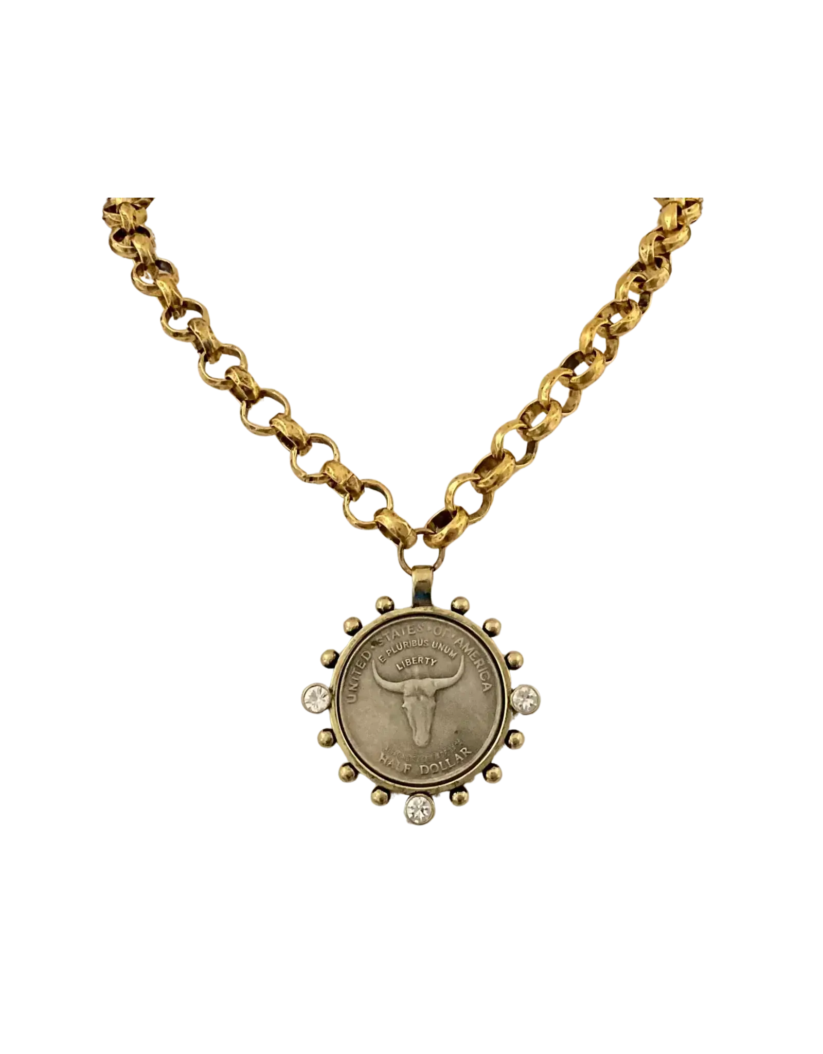 Erin Knight Designs Vintage Gold Plated Chain With Longhorn Coin Pendant 18"