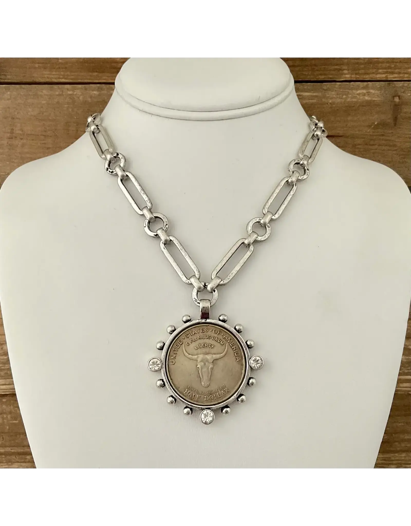 Erin Knight Designs Vintage Silver 18" Chain With Longhorn Coin