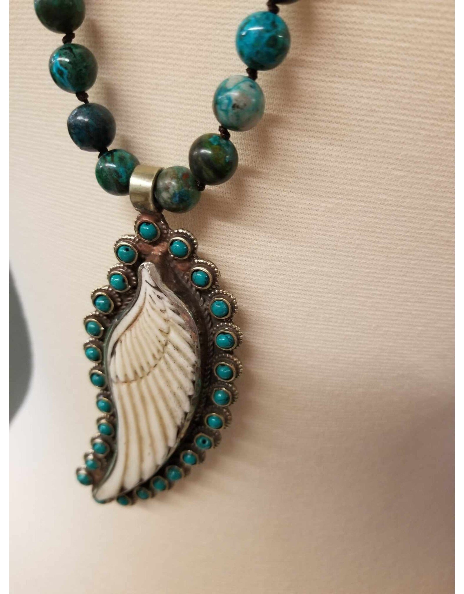 Erin Knight Design Vintage Carved Bone Feather Necklace with Turquoise Chain