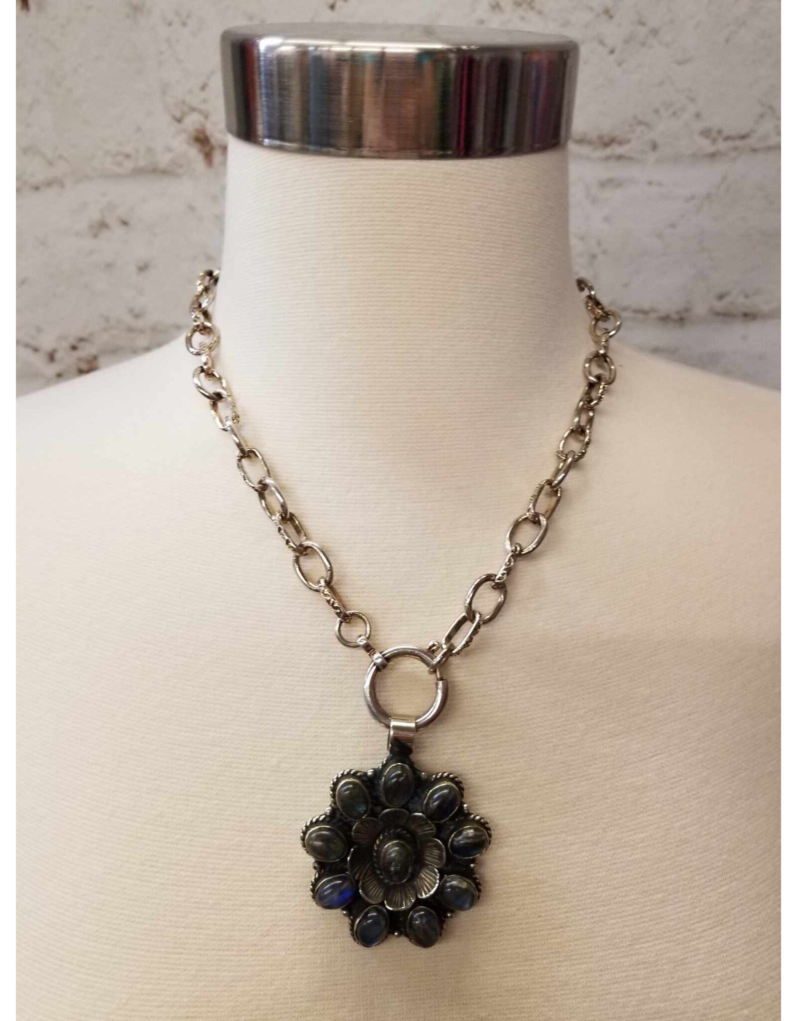 Erin Knight Designs Vintage Flower Pendant Necklace With Blue Stones