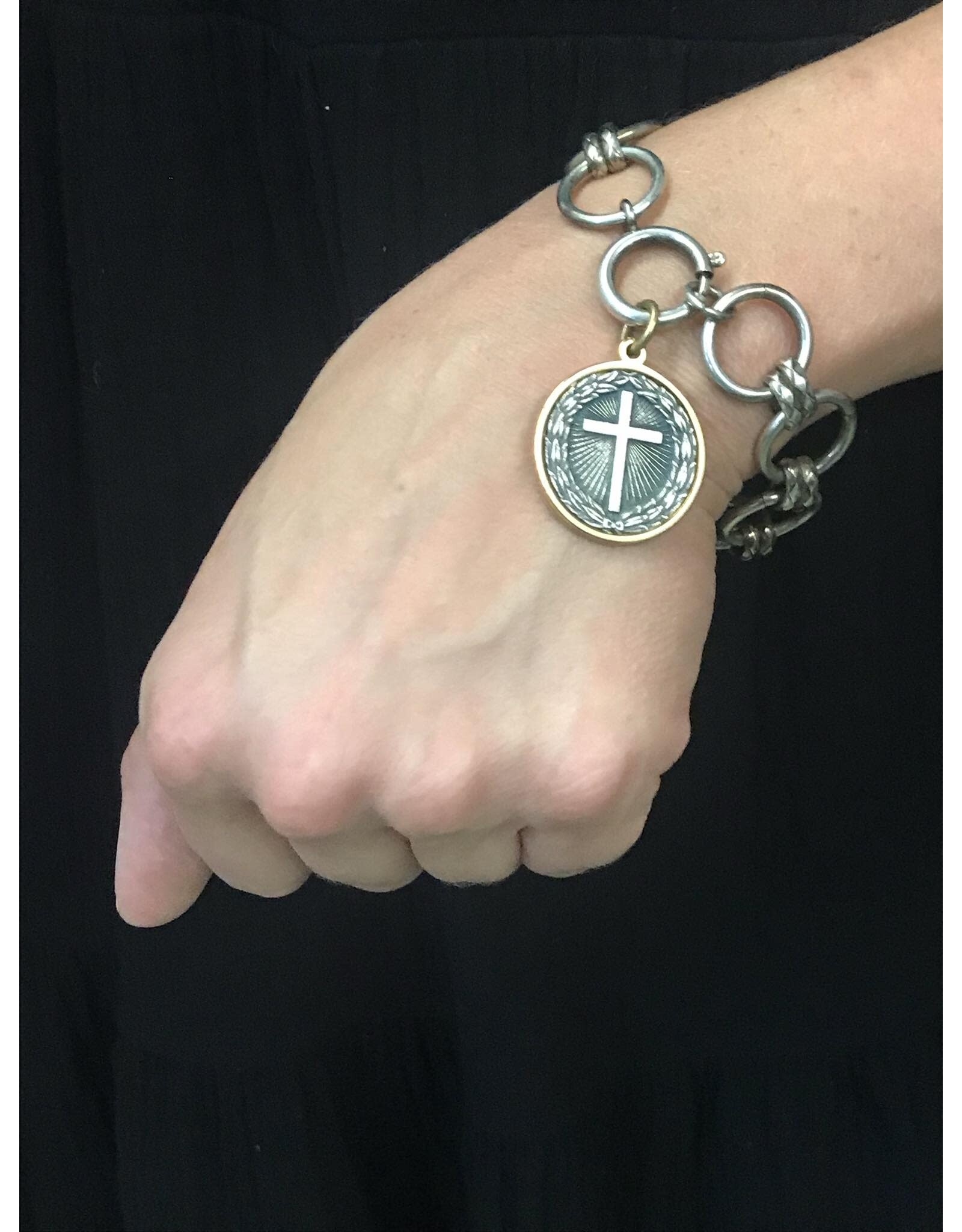 Erin Knight Designs Silver Chain Bracelet with Cross Coin Pendant