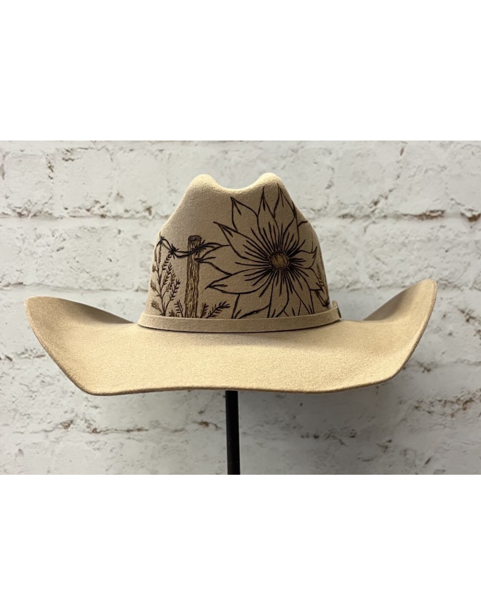 Hand Burned Wool Hat with Bird/Barbwire