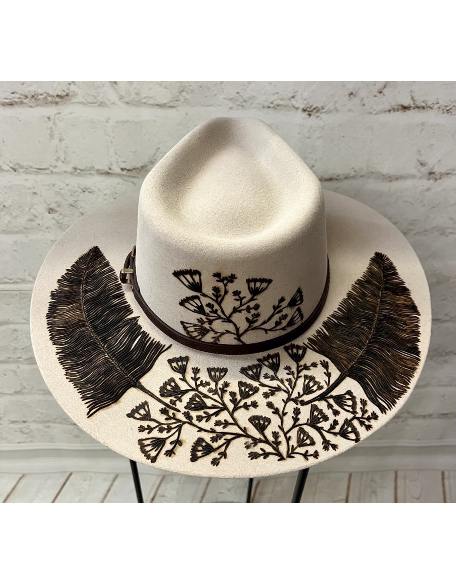 Hand Burned Wool Hat with Feather/Paint Brush