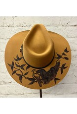 Hand Burned Wool Hat with Feather/Dove