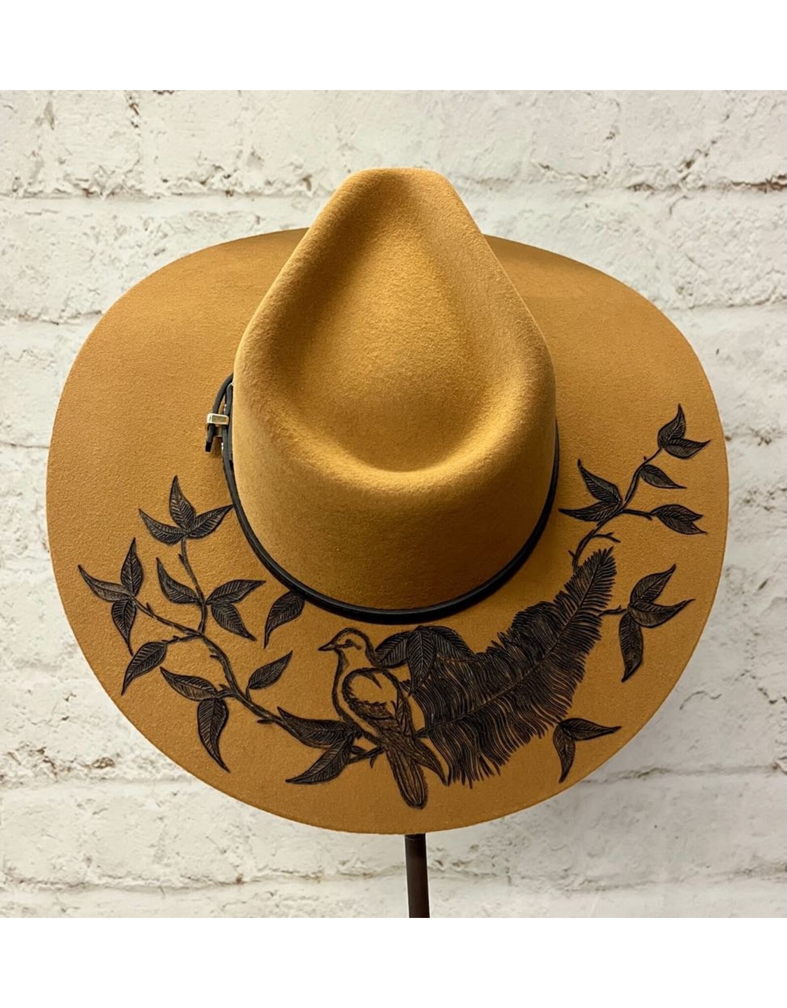 Hand Burned Wool Hat with Feather/Dove