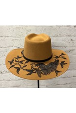 Hand Burned Wool Hat with Feather/Dove