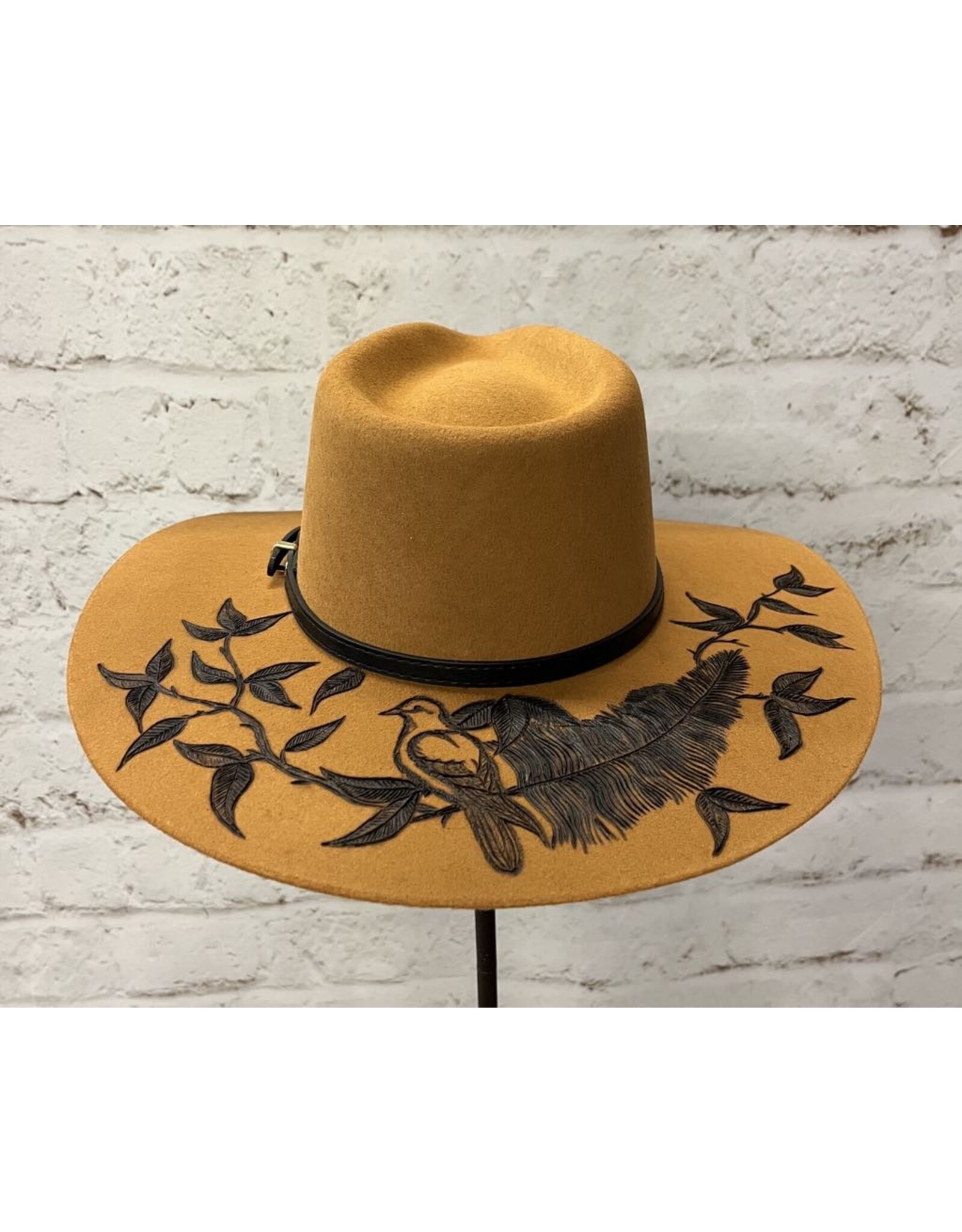Hand Burned Wool Hat with Feather/Dove