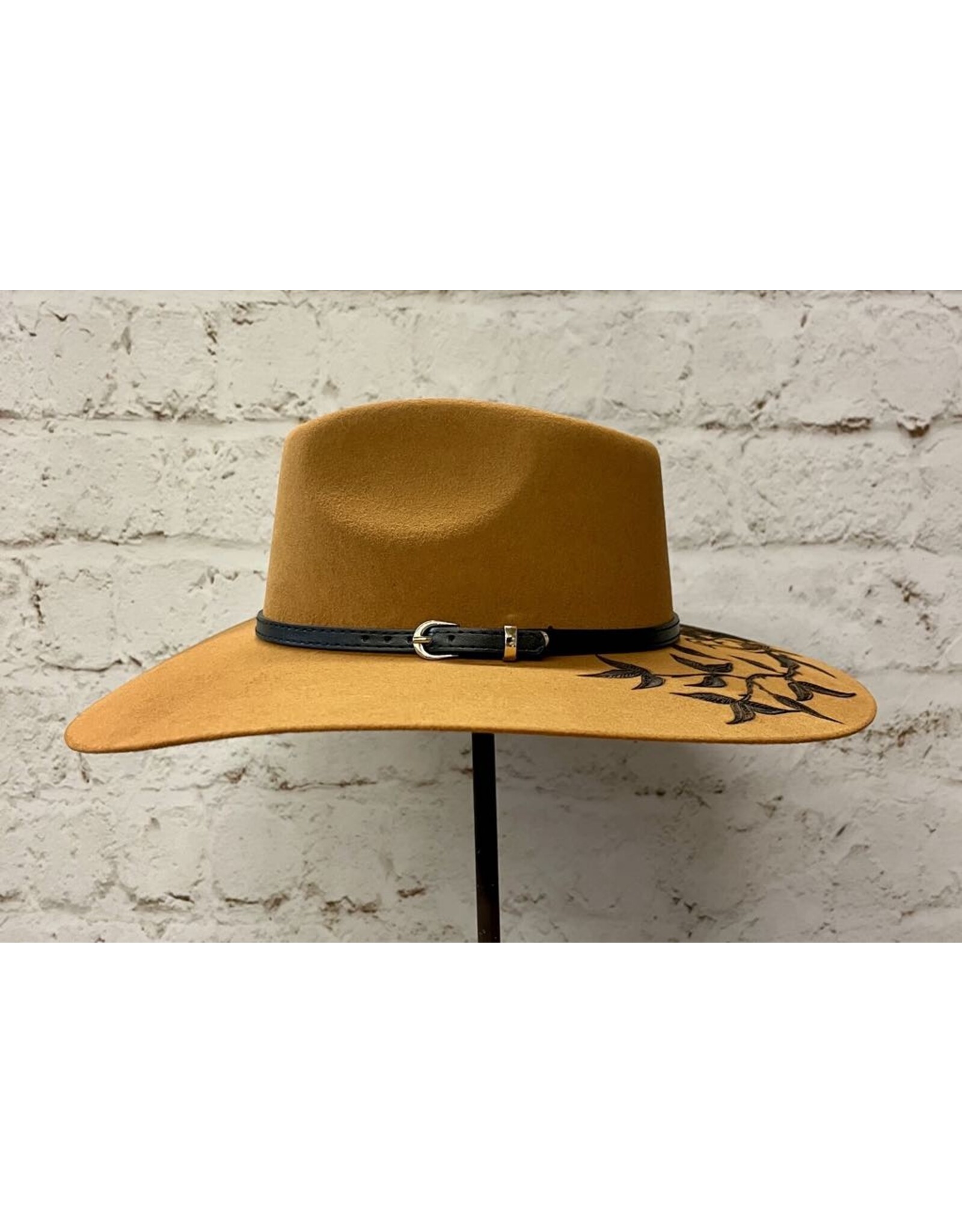 Hand Burned Wool Hat with Feather/Dove