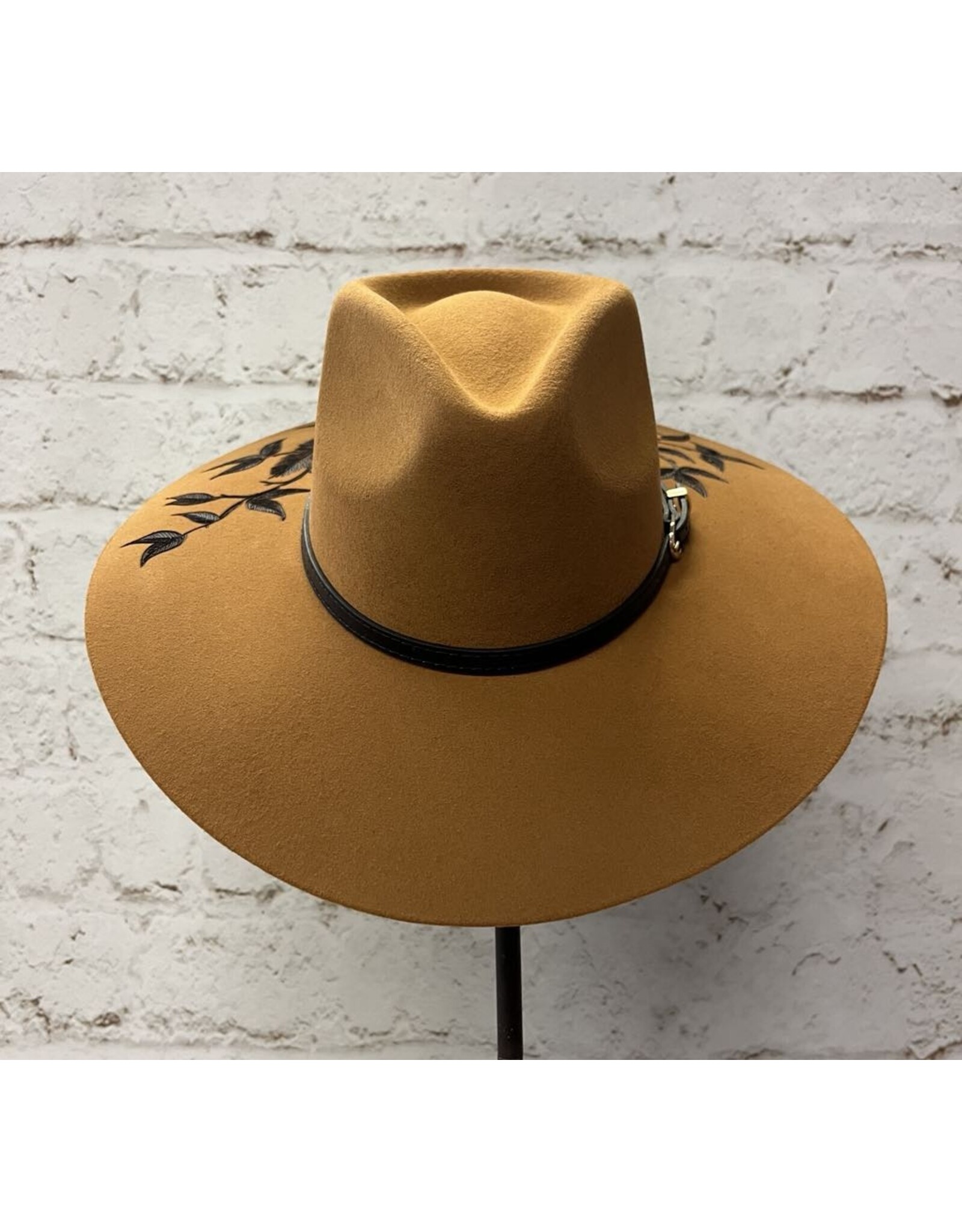 Hand Burned Wool Hat with Feather/Dove