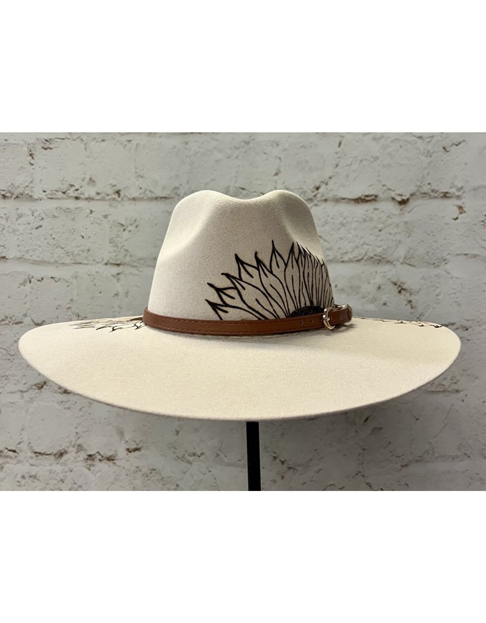 Hand Burned Wool Hat with Sunflower/Bird