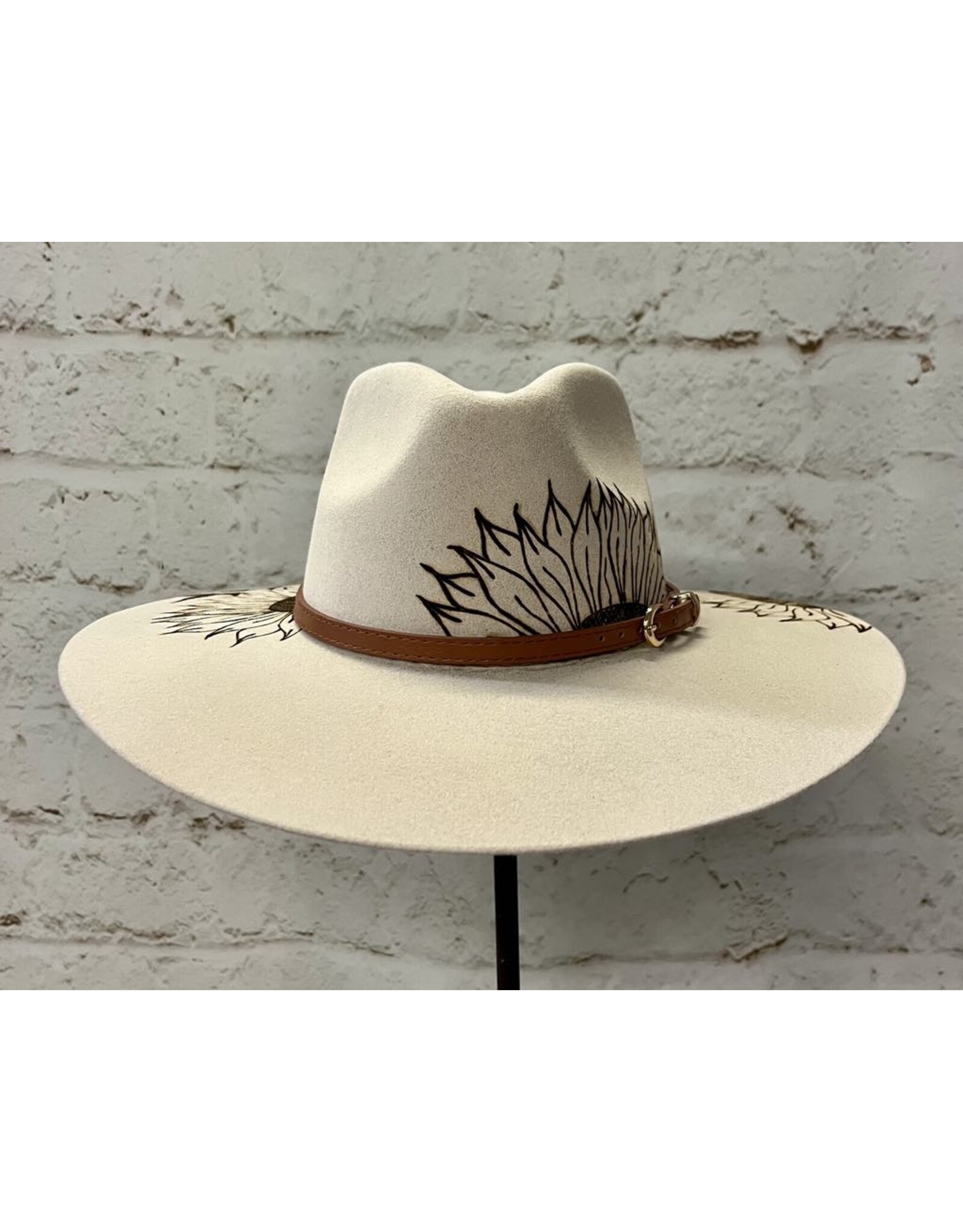 Hand Burned Wool Hat with Sunflower/Bird