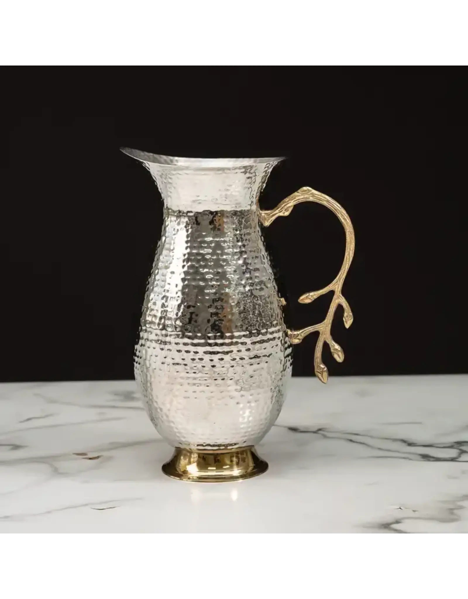 Round Hammered Stainless Steel Pitcher w/ Gold Leaf Handle