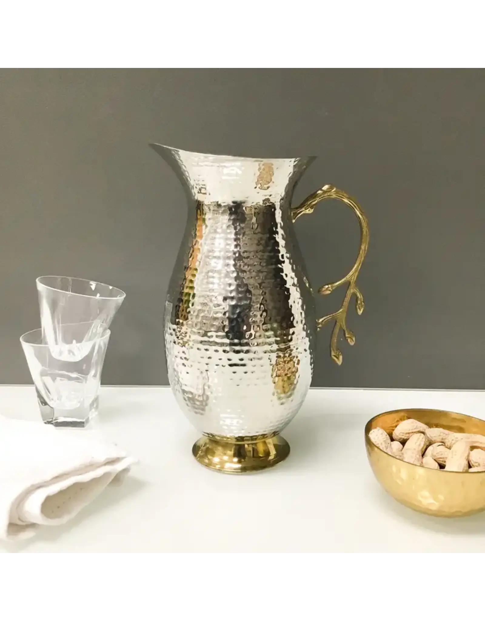 Round Hammered Stainless Steel Pitcher w/ Gold Leaf Handle