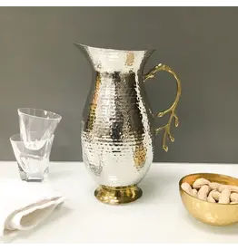 Round Hammered Stainless Steel Pitcher w/ Gold Leaf Handle