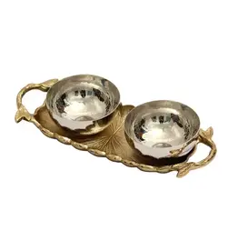 Gold Leaf Tray w/ Silver Bowls, Set of 3